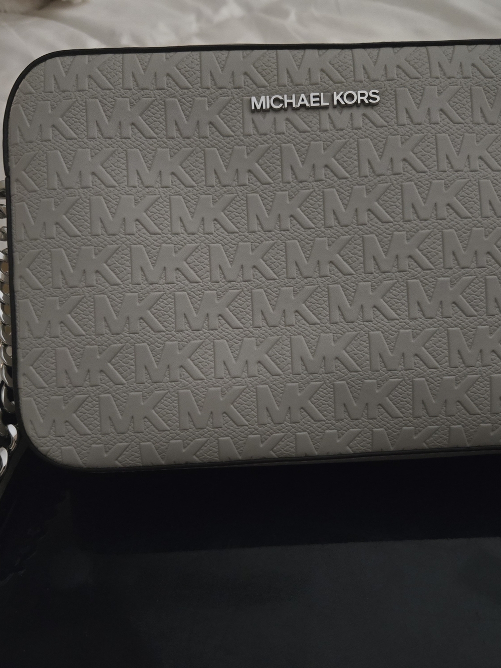 Michael Kors Womens Gray Embossed MK Messenger Bag with Silver Logo